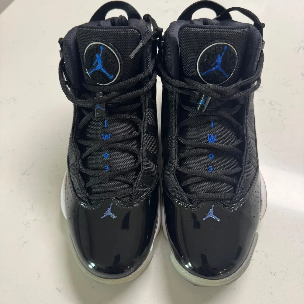 Jordan 6 Rings Mens 9.5 Black Space Jam Blue Patent Leather Sneakers 322992-016